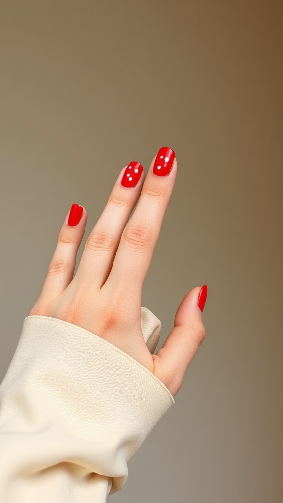 Close-up of a hand showing red nails with white polka dots