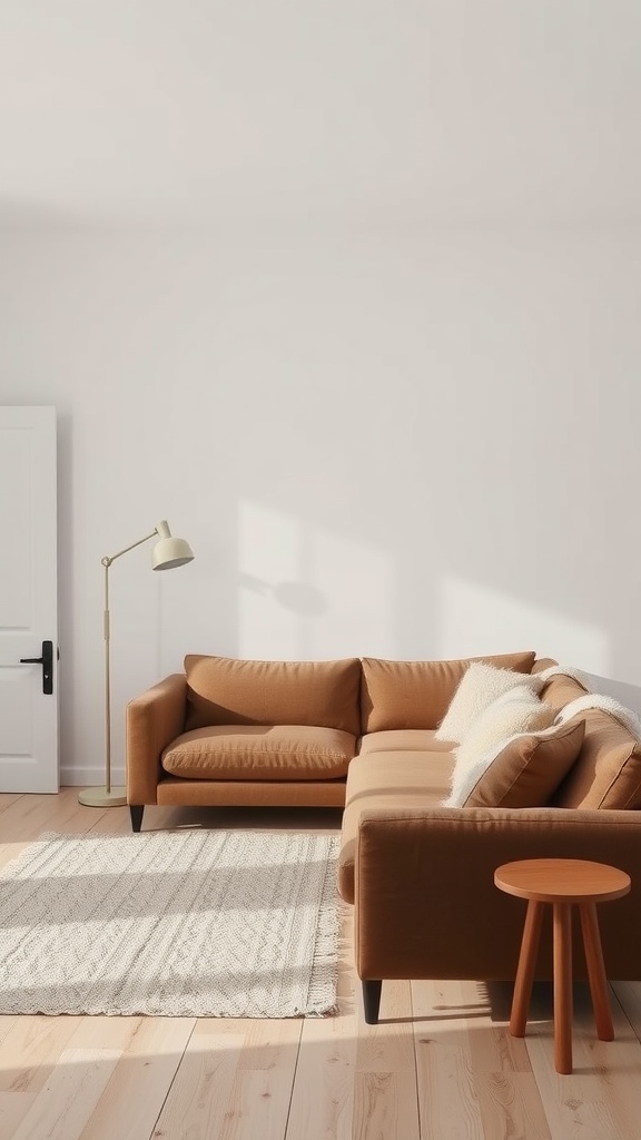 A minimalist living room featuring a brown couch, wooden flooring, and neutral decor.