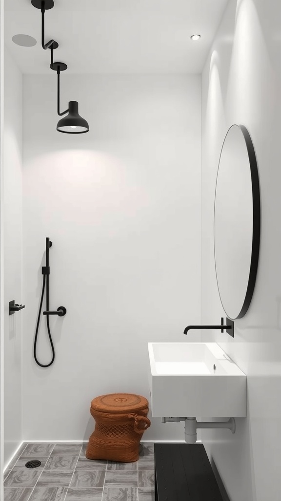 Minimalist bathroom featuring black lighting fixtures, white walls, and a modern sink.