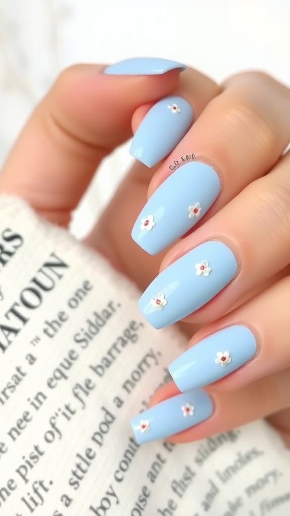 Light blue nails with small white flower designs and red centers