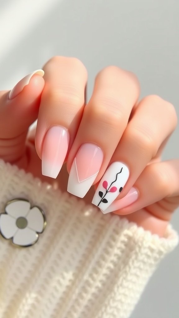A close-up of minimalist chic gel nails with a subtle French tip and floral design.