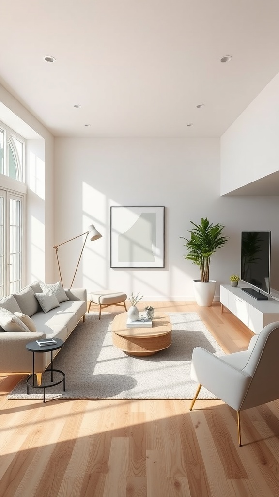 Minimalist living room with neutral tones, featuring a gray sofa, wooden coffee table, and a large window.