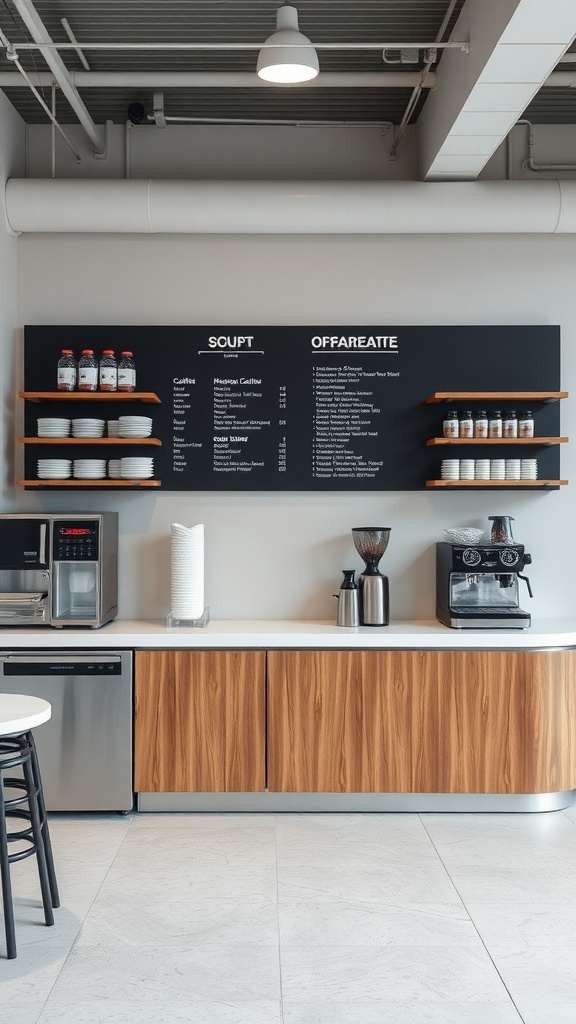 A minimalist coffee station featuring a clean setup with wooden storage and a sleek coffee machine.
