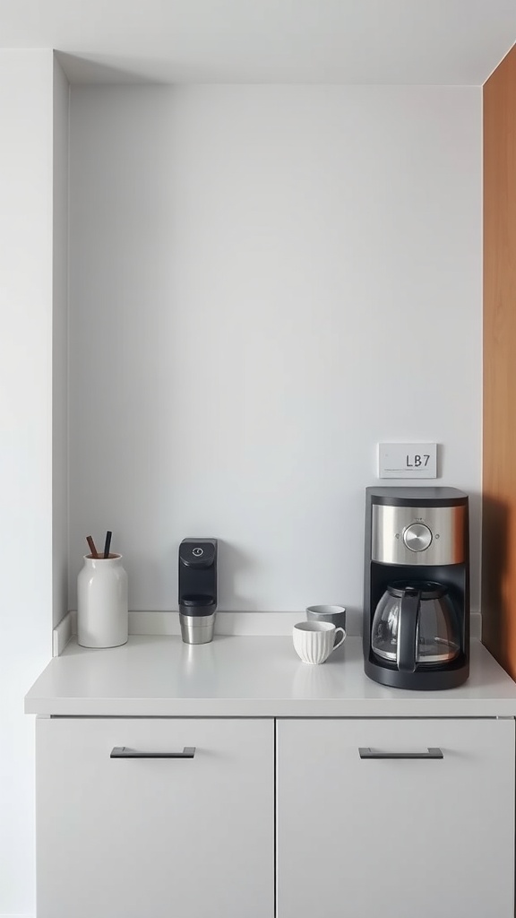 A minimalist coffee station featuring a coffee maker, two mugs, and a small container with coffee stirrers on a white countertop.