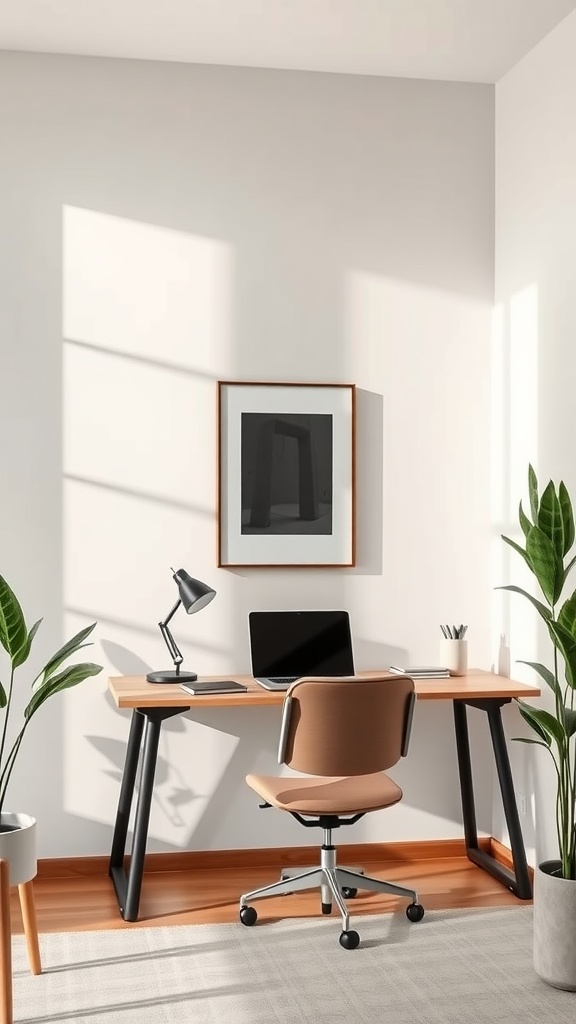 A modern minimalist home office featuring a stylish desk, comfortable chair, wall art, and potted plants.