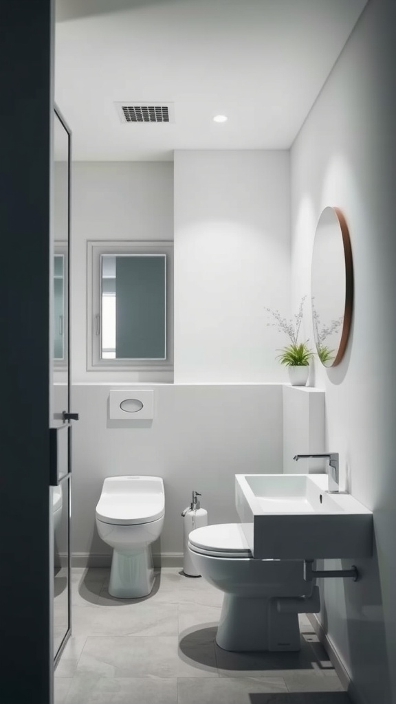 A minimalist small bathroom featuring a wall-mounted sink, toilet, and a round mirror.