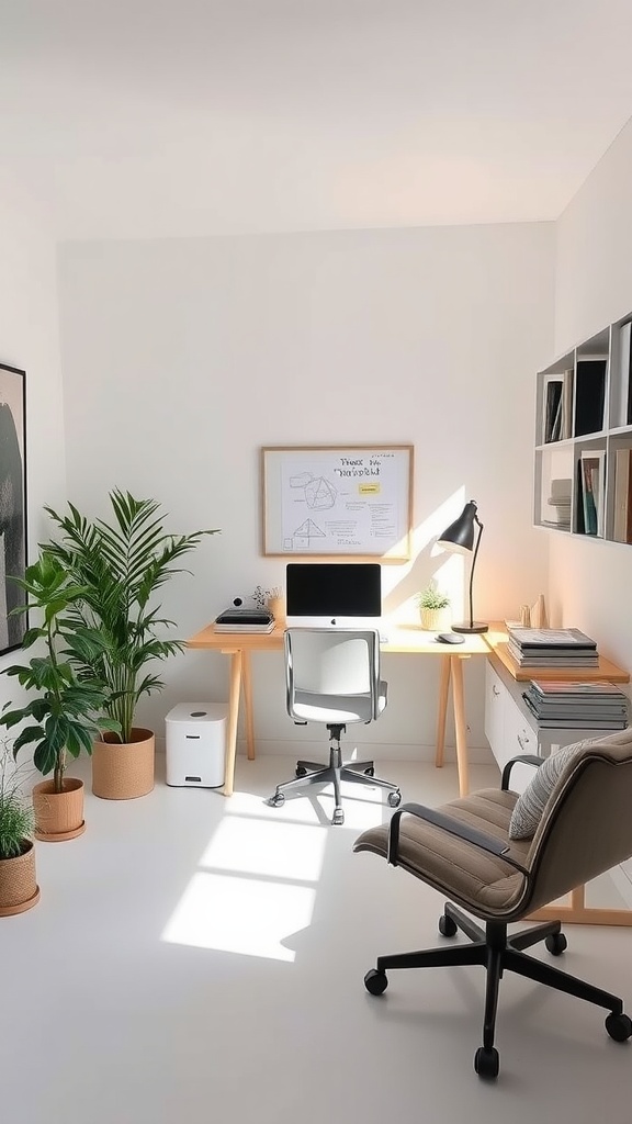 A bright, minimalist home office with a desk, computer, and plants.