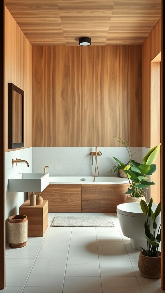 A minimalist bathroom featuring wooden walls, a bathtub, and plants.