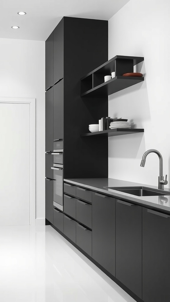 A modern kitchen featuring black cabinets with sleek lines and open shelving against white walls.