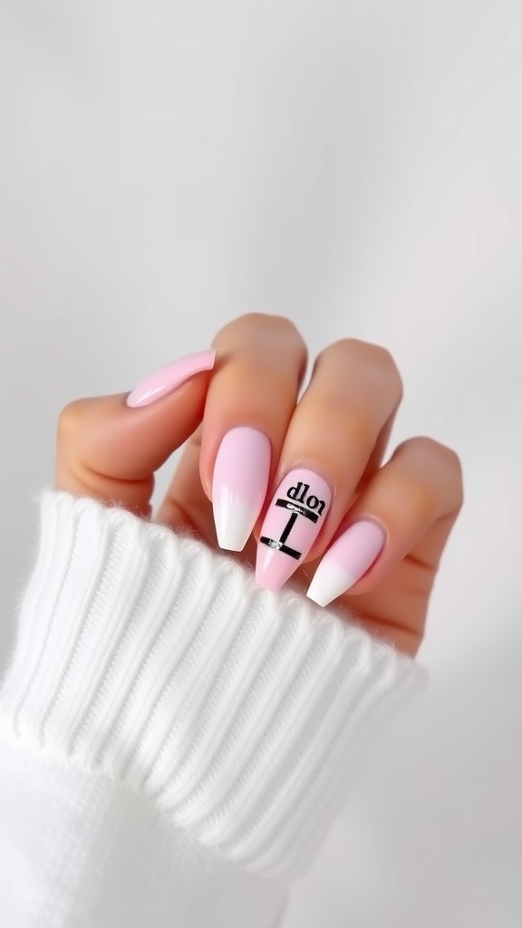 Close-up of hands with pink acrylic nails featuring a minimalist design and French tips