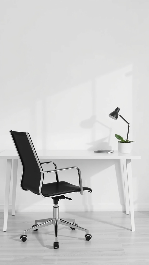 A minimalist desk setup with a black chair, white desk, a lamp, and a small plant.