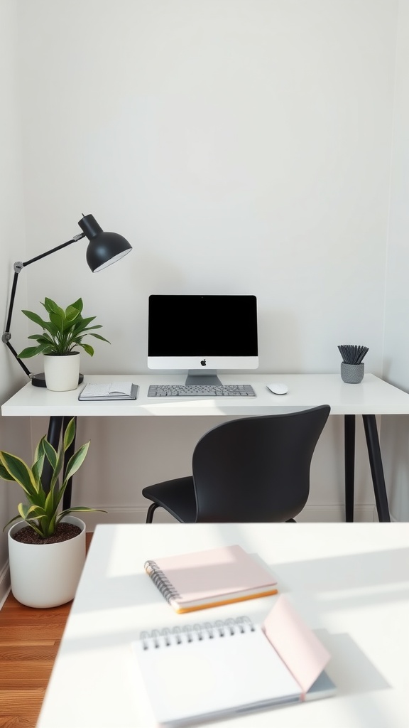A minimalist desk with a computer, lamp, chair, and plants, designed for productivity.