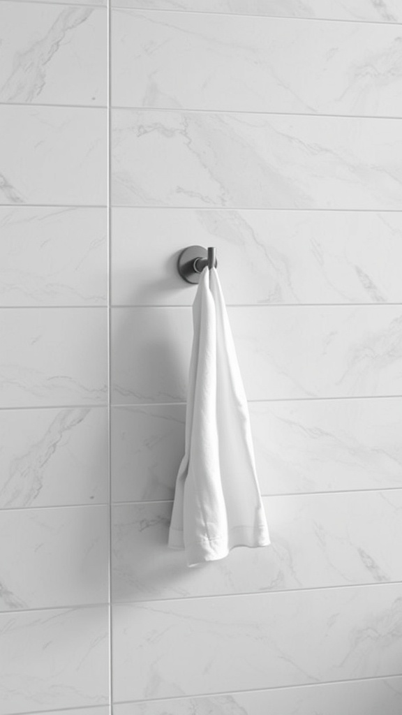 A minimalist floating towel hook with a white towel on a marble-like wall