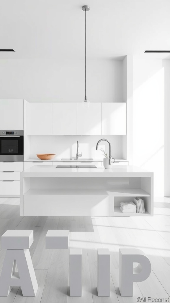 A minimalist floating kitchen island with a sleek design and a bright, airy atmosphere.