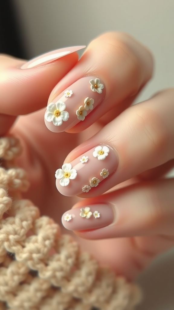 Almond nails with 3D flower designs in a minimalist style