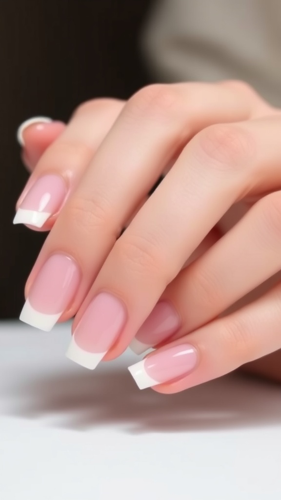 Close-up of hands with minimalist French tip nails featuring a soft pink base and white tips.