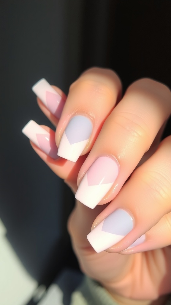 Short nails featuring minimalist geometric patterns in pastel colors