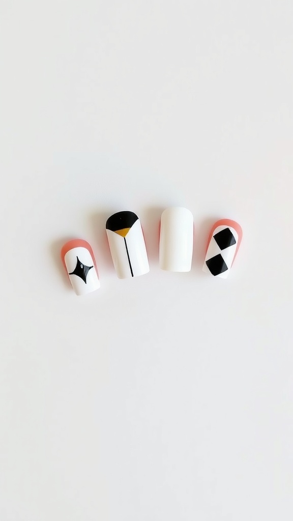 Nails featuring minimalist geometric patterns in black and white.