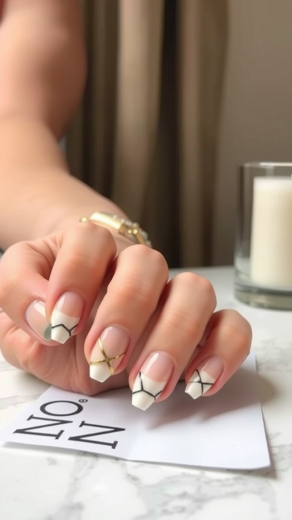 A stylish manicure featuring minimalist geometric patterns in white, black, and gold on acrylic nails.