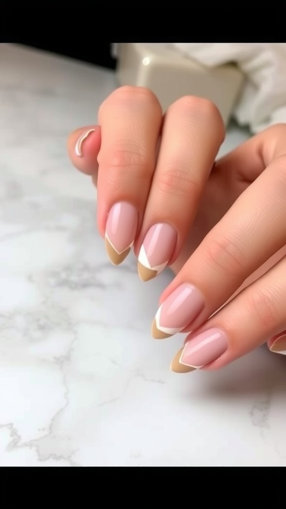 Close-up of cute short acrylic nails with minimalist geometric patterns in soft colors.