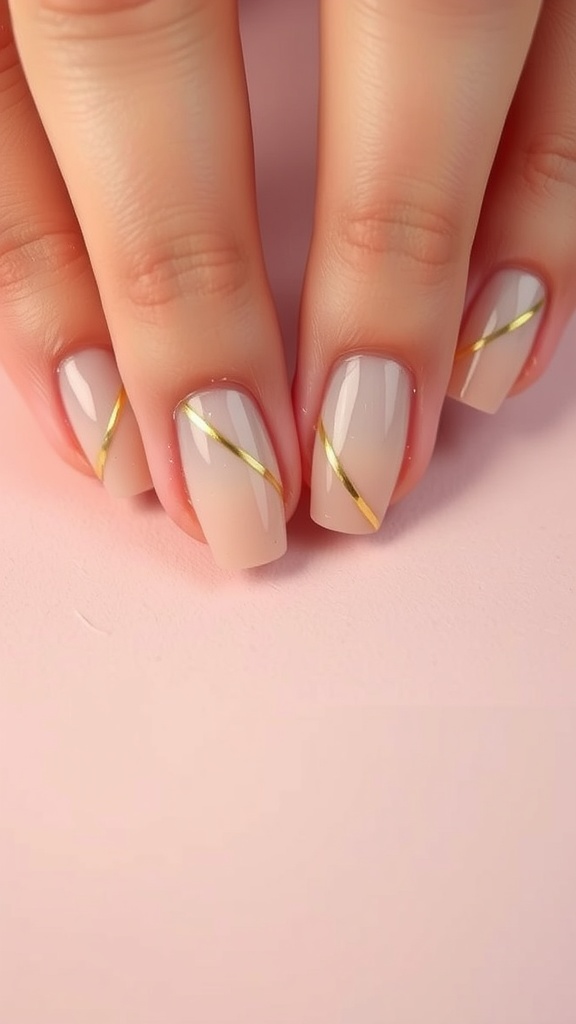 Nails with minimalist gold line art design on a nude base.