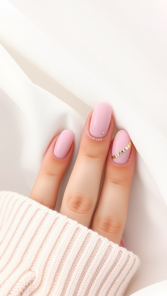 A hand with light pink almond nails featuring gold accents, partially covered by a soft, cream-colored sweater.