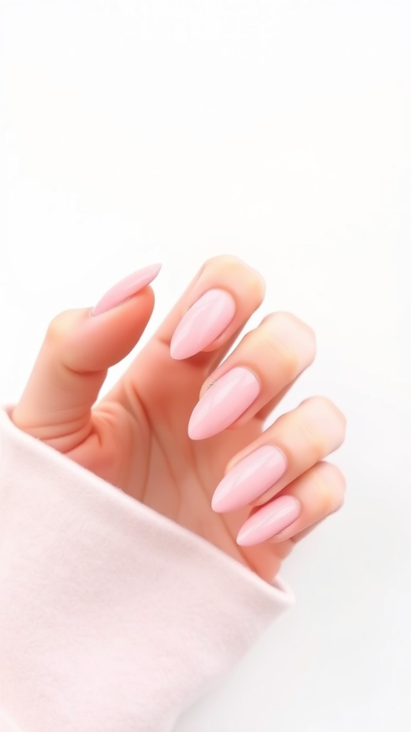 A close-up of a hand showing short nails with a light pink chrome finish.