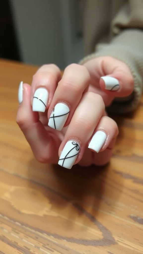 Close-up of square nails featuring minimalist line art in black on a white base.