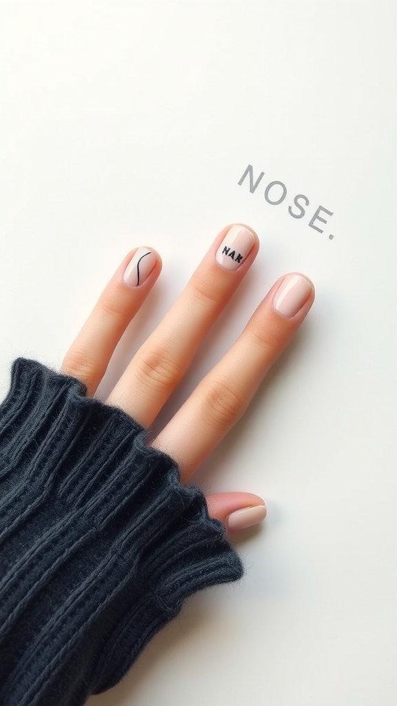 Close-up of a hand with minimalist line art nails in nude color, featuring black line designs.