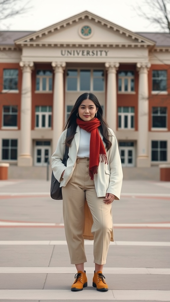 A young woman in a light blazer, beige pants, and a red scarf stands in front of a university building.