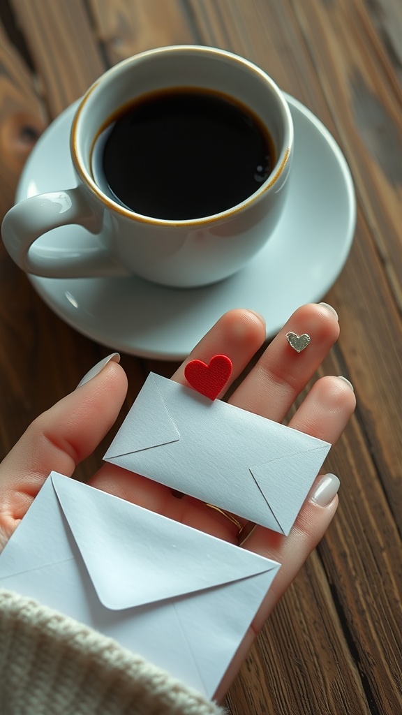 A hand holding two small envelopes, one with a red heart, beside a cup of coffee.