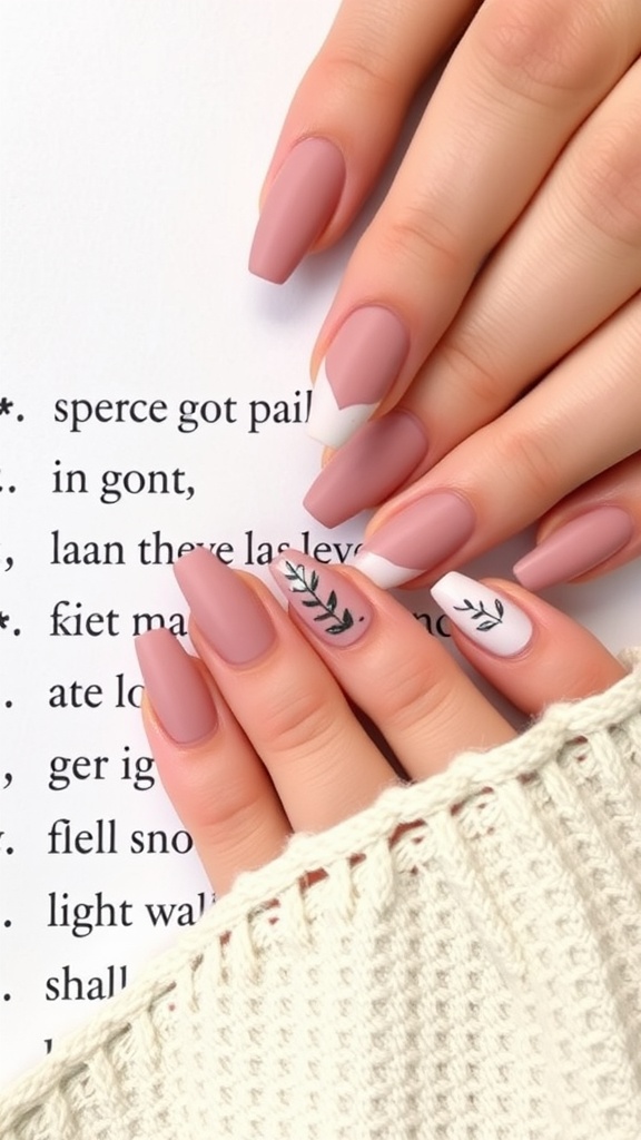 A close-up of hands with minimalist matte finish nails, featuring a soft pink color and a delicate leaf design.