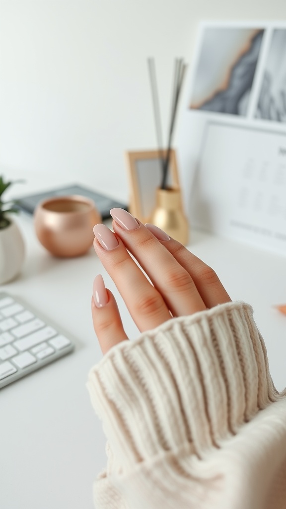 A hand with minimalist matte nude nails resting on a desk with a cozy sweater, a keyboard, and decorative items in the background.