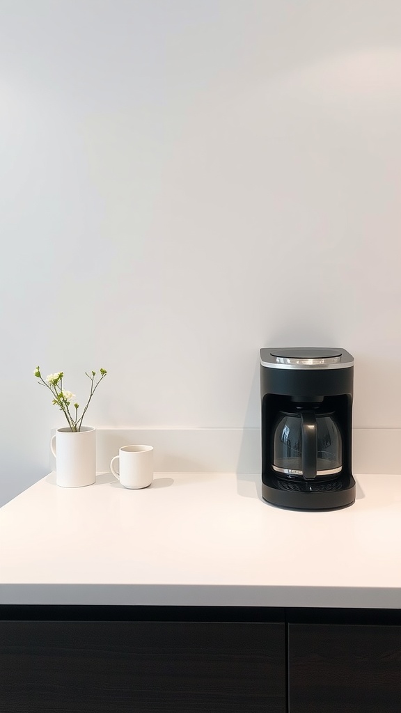 A minimalist coffee station featuring a coffee maker, white mugs, and a small vase with flowers on a bright countertop.