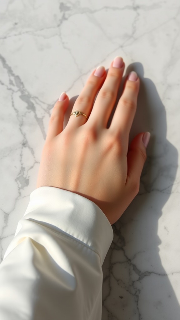 A hand with minimalist pink nails on a marble surface, wearing a gold ring.