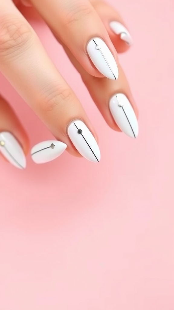Close-up of white almond-shaped nails with black lines and small embellishments on a pink background.