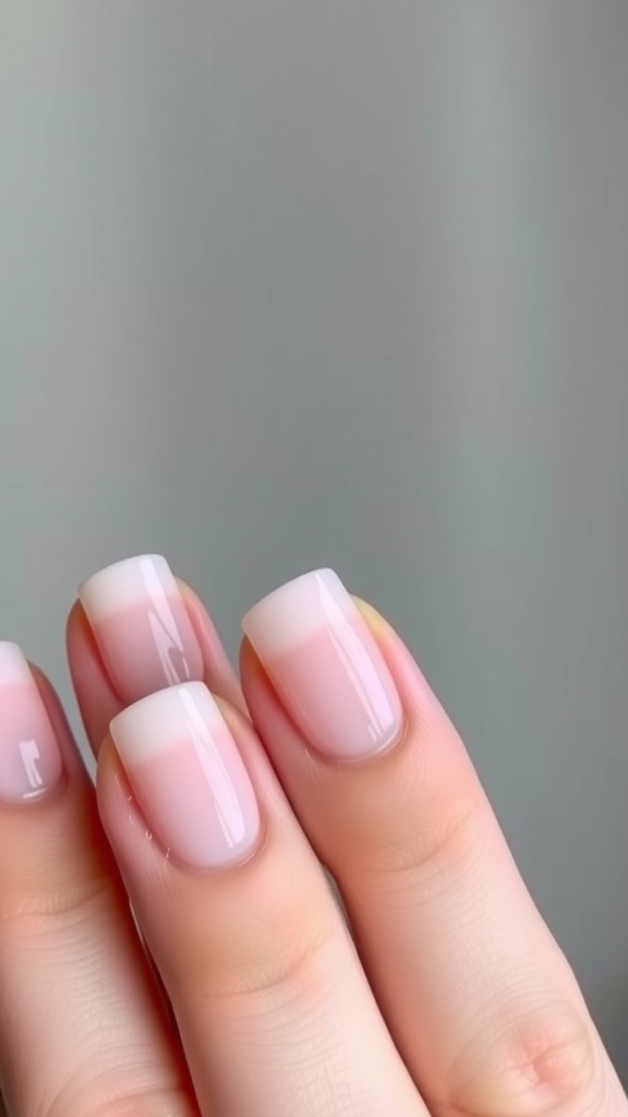 Image of short square acrylic nails with a nude base and white tips.