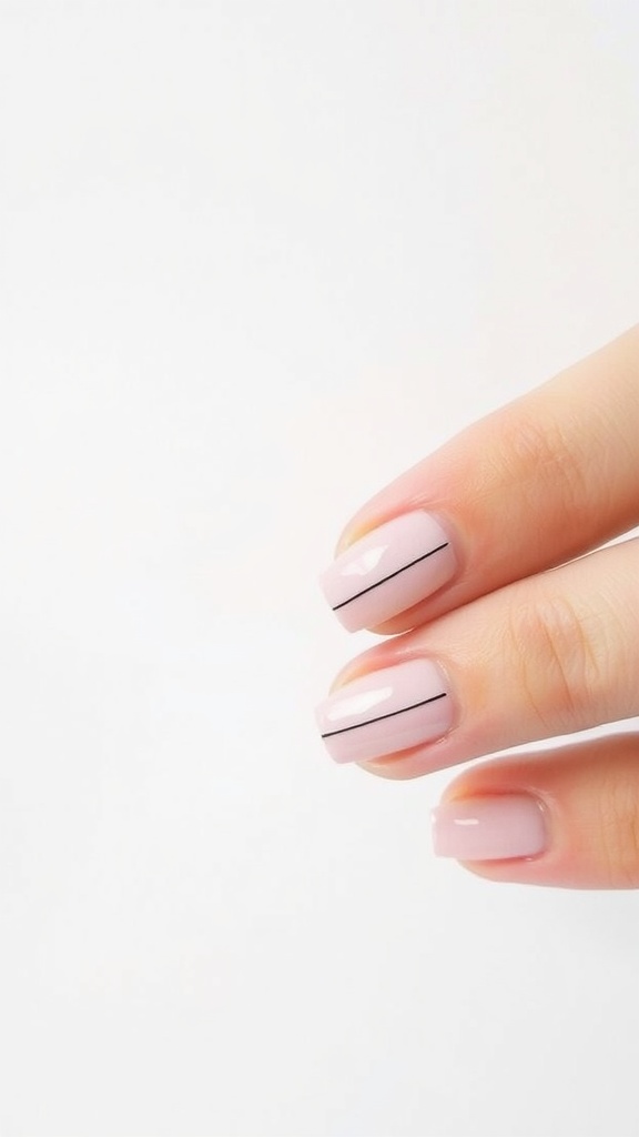 A hand showing nails with minimalist negative space design featuring soft pink polish and black lines.
