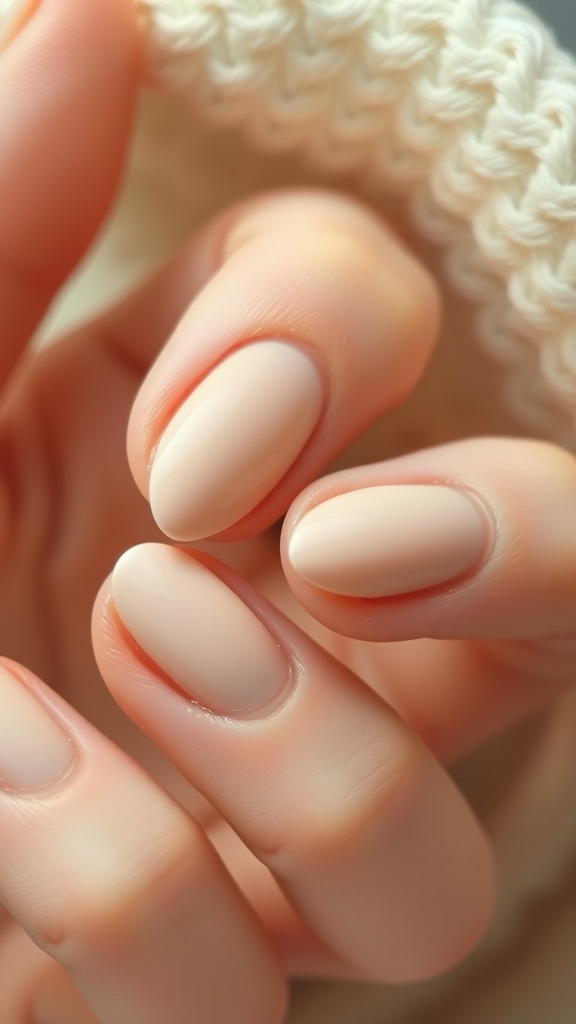 Close-up of minimalist nude almond nails
