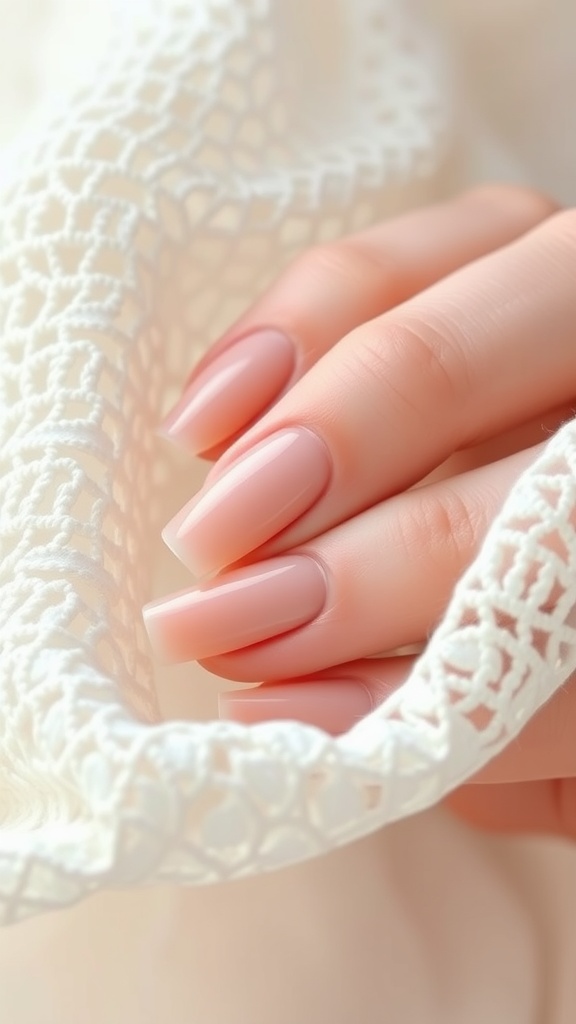 A close-up of elegantly manicured minimalist nude nails resting on a lace fabric.