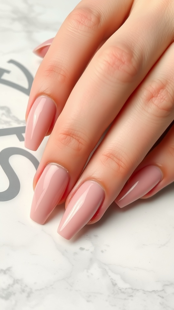Close-up of hands with nude pink chrome nails on a marble surface