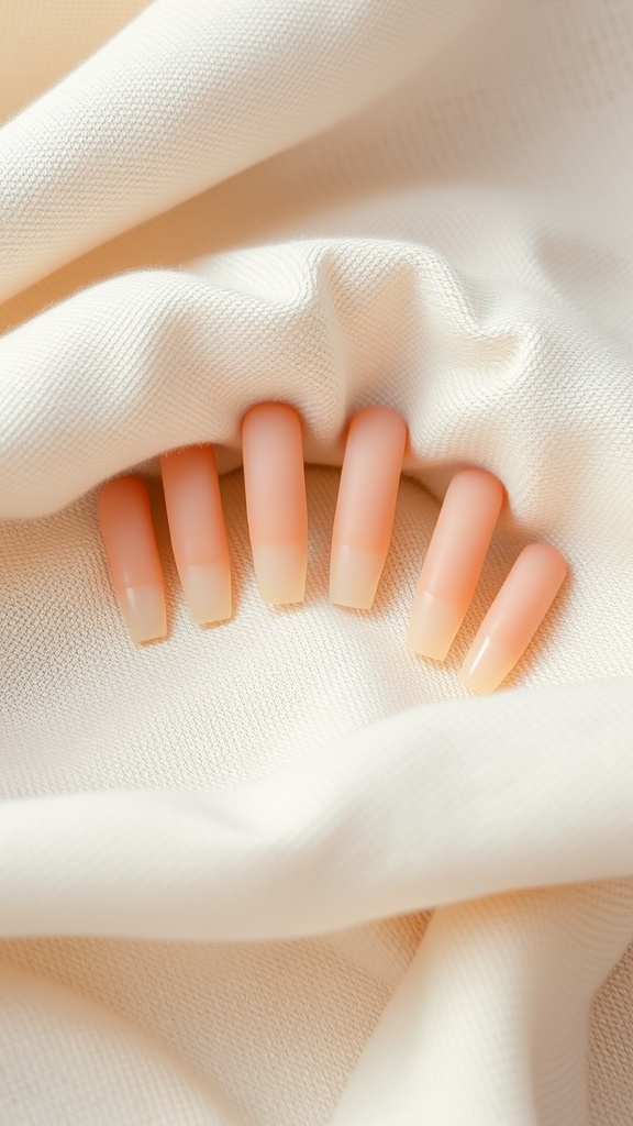 Minimalist nude nails displayed on soft fabric.
