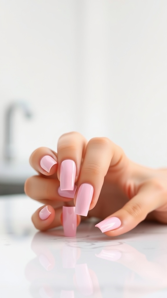 A close-up of hands showing square-shaped pink chrome nails with a glossy finish.