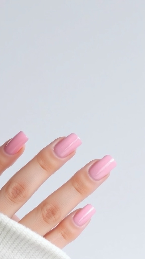 A hand displaying minimalist pink French tip nails with a chrome accent.