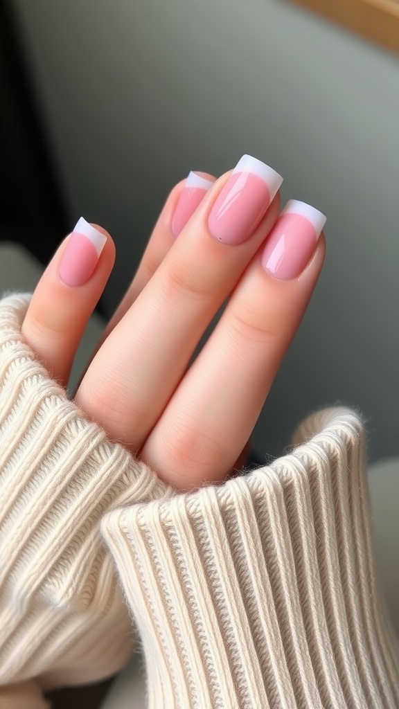 Minimalist pink French tip nails with subtle chrome accents