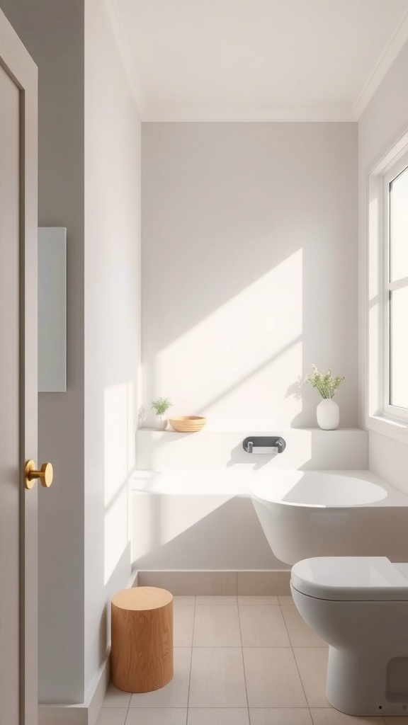 A minimalist bathroom with neutral tones, sunlight streaming through the window, and a wooden stool.