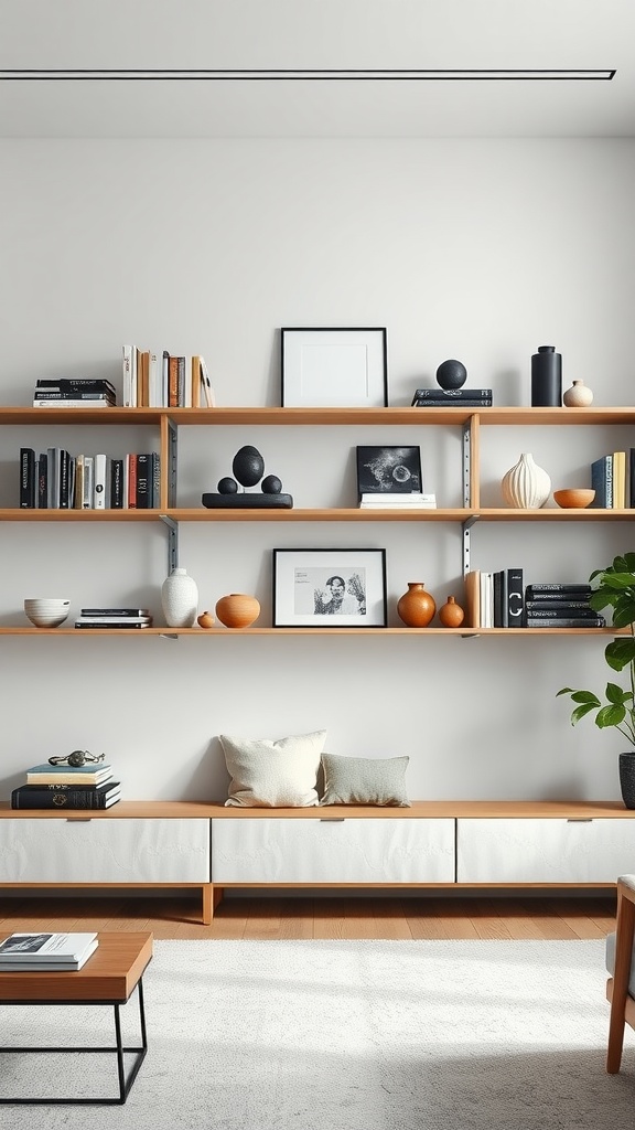 Minimalist living room with wooden shelves displaying books and decorative items.