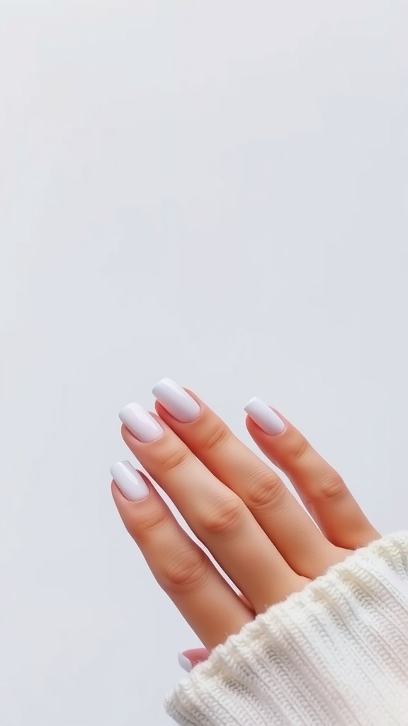 A hand with short French nails featuring a white tip and a nude base, resting on a light background.