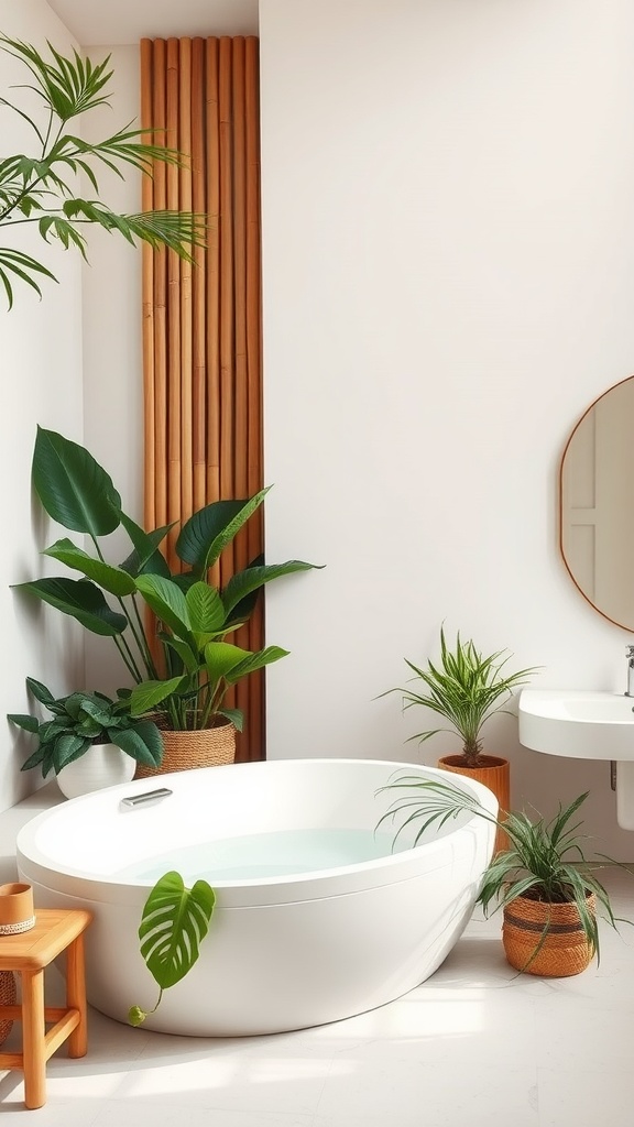 A minimalist bathroom featuring a freestanding tub, plants, and wooden accents.