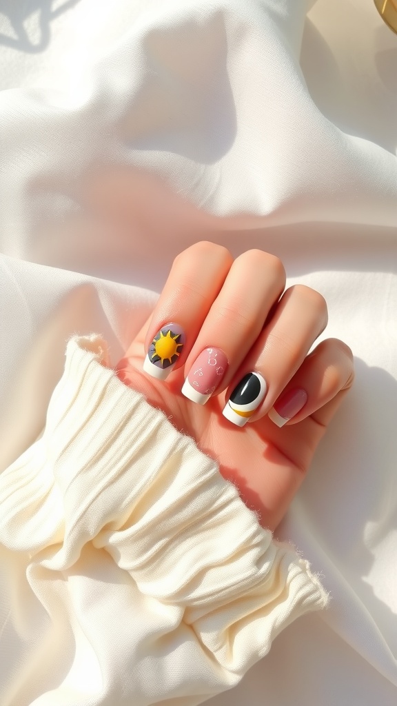Close-up of a hand with minimalist nail art featuring a sun and moon design.
